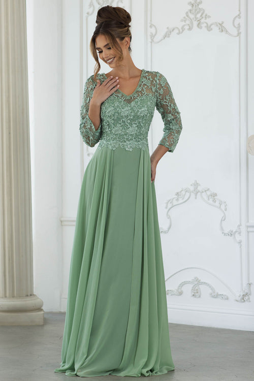 Long Formal Gown with Lace Bodice and Chiffon Skirt, 3/4 Sleeve V-Neck Dress by Lenovia 8375