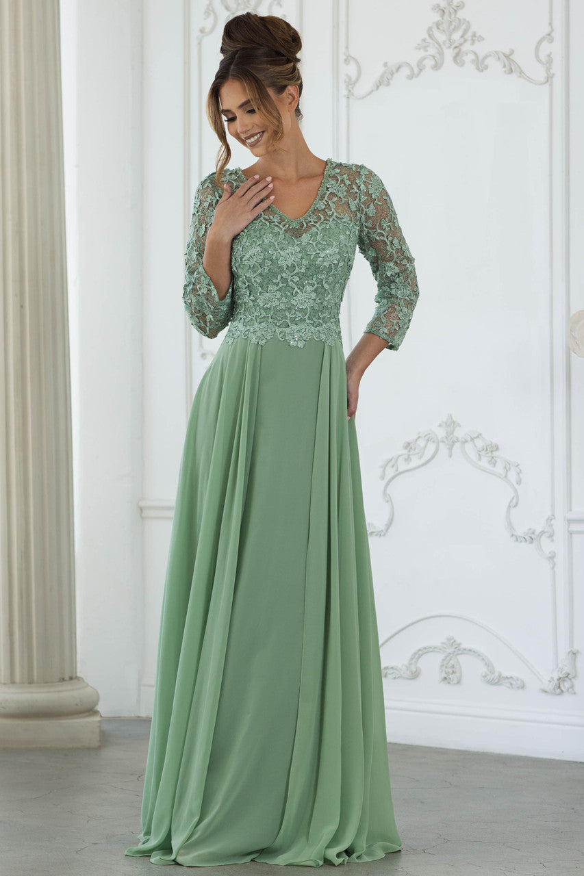 Long Formal Gown with Lace Bodice and Chiffon Skirt, 3/4 Sleeve V-Neck Dress by Lenovia 8375