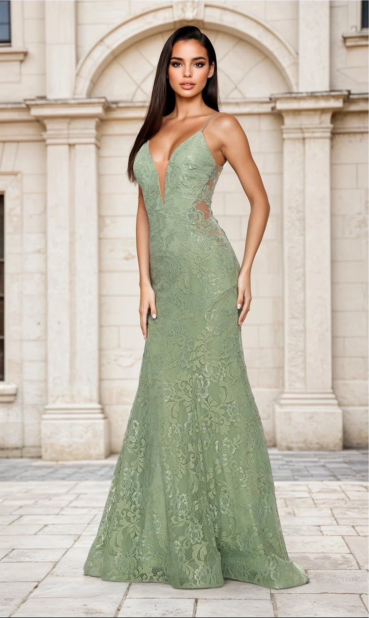 A woman poses gracefully outdoors in the sage La Femme 31512 Long Lace Mermaid Prom Dress, featuring a sleeveless floor-length design, deep V neckline, side cutouts, and elegant backless detail before a stone building with arched windows.