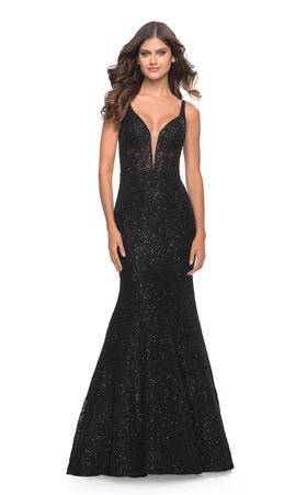 La Femme 31524C Lace Beaded Embroidered V Neck Prom Dress