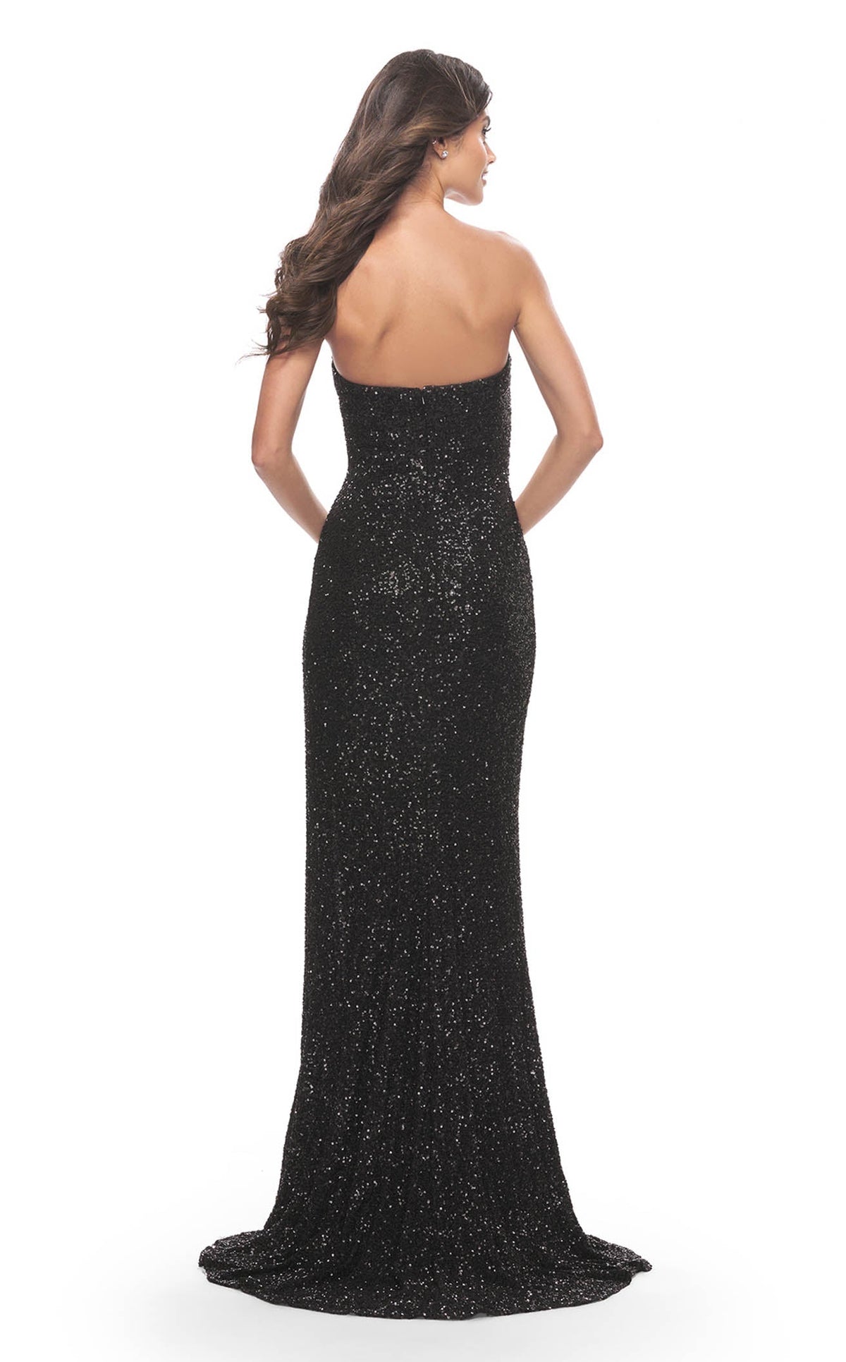 La Femme 31538C Slit Train Metallic Sweetheart Prom Dress