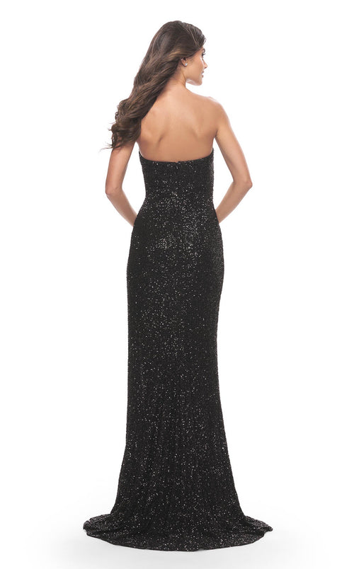 La Femme 31538C Slit Train Metallic Sweetheart Prom Dress