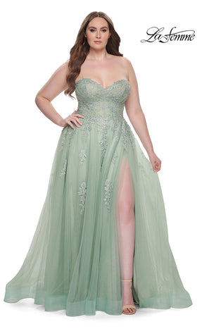 La Femme 31570 Floor-Length Sweetheart Embroidered Tulle Prom Dress with Side Slit and Open Back