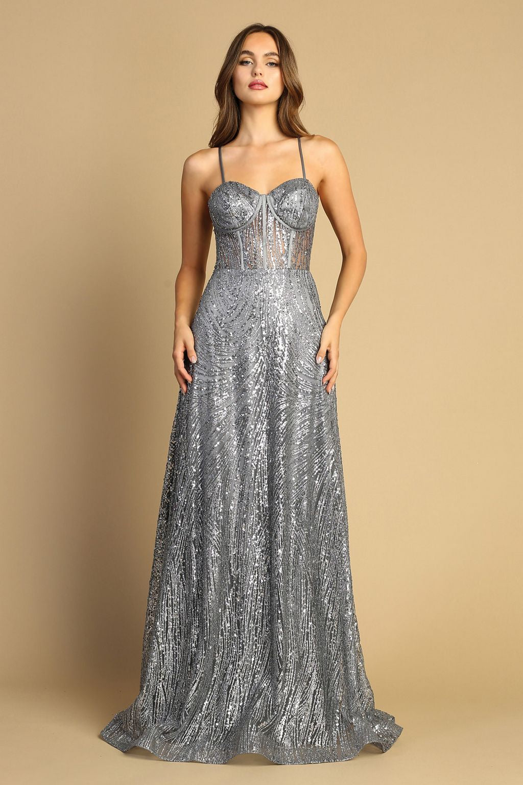 Prom Dresses Formal Long Glitter Print Corset Aline Prom Dress Charcoal