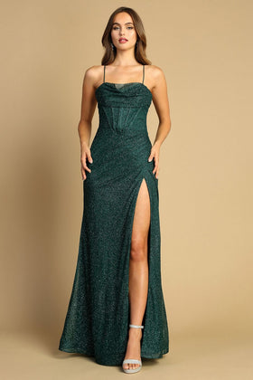 Adora Design 3169 Glitter Corset Spaghetti Strap Slit Prom Gown
