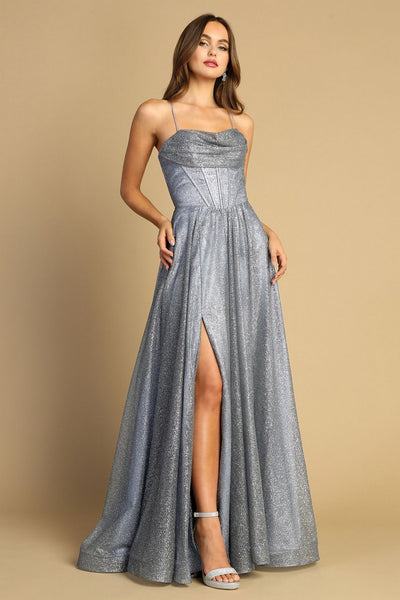 Prom Dresses A Line Long Corset Formal Glitter Prom Dress Smoky Blue