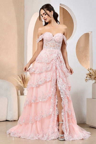 Prom Dresses Long Formal Sequin Applique Tiered A Line Prom Dress Blush
