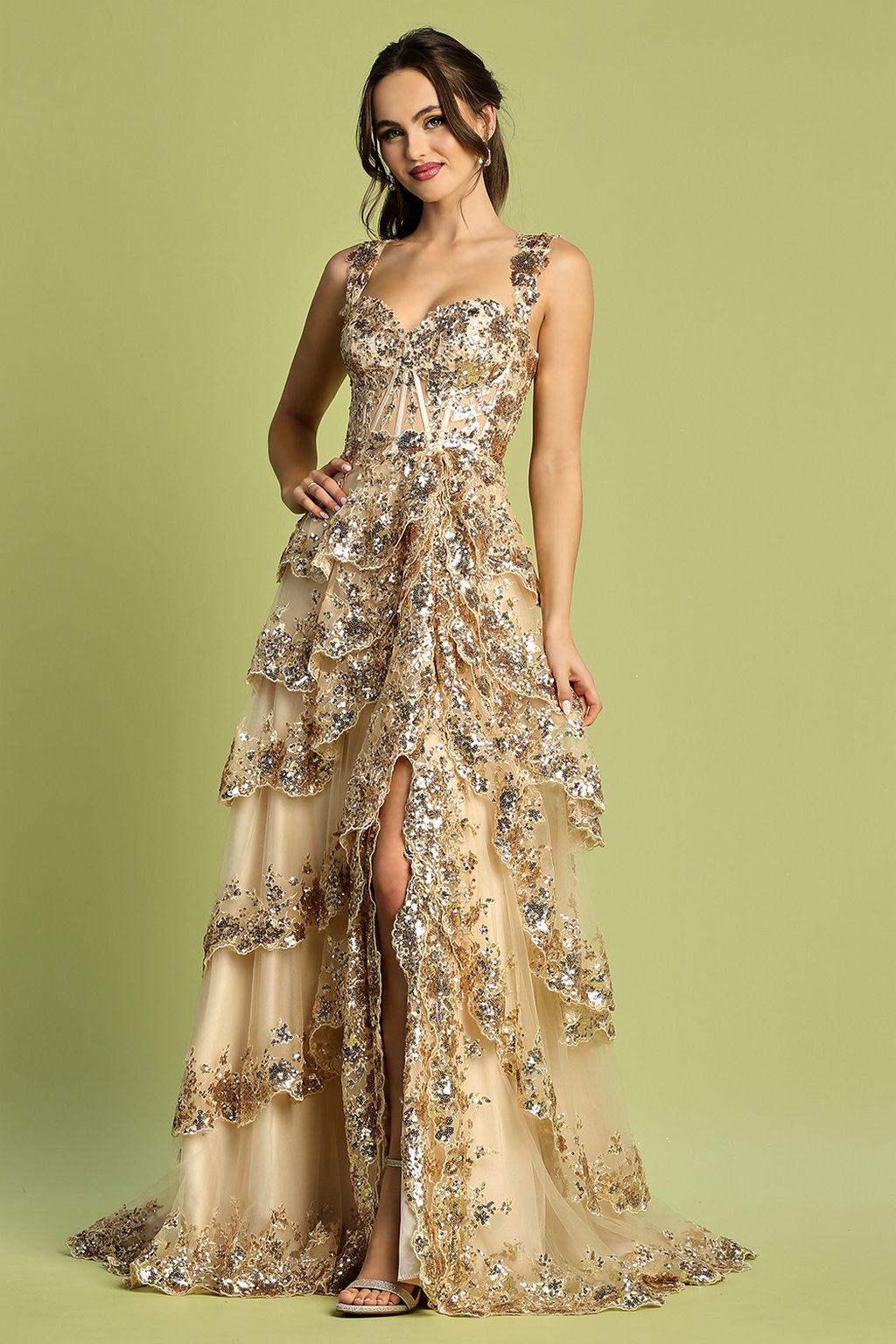 Prom Dresses Long Formal Sequin Applique Tiered A Line Prom Dress Fuchsia