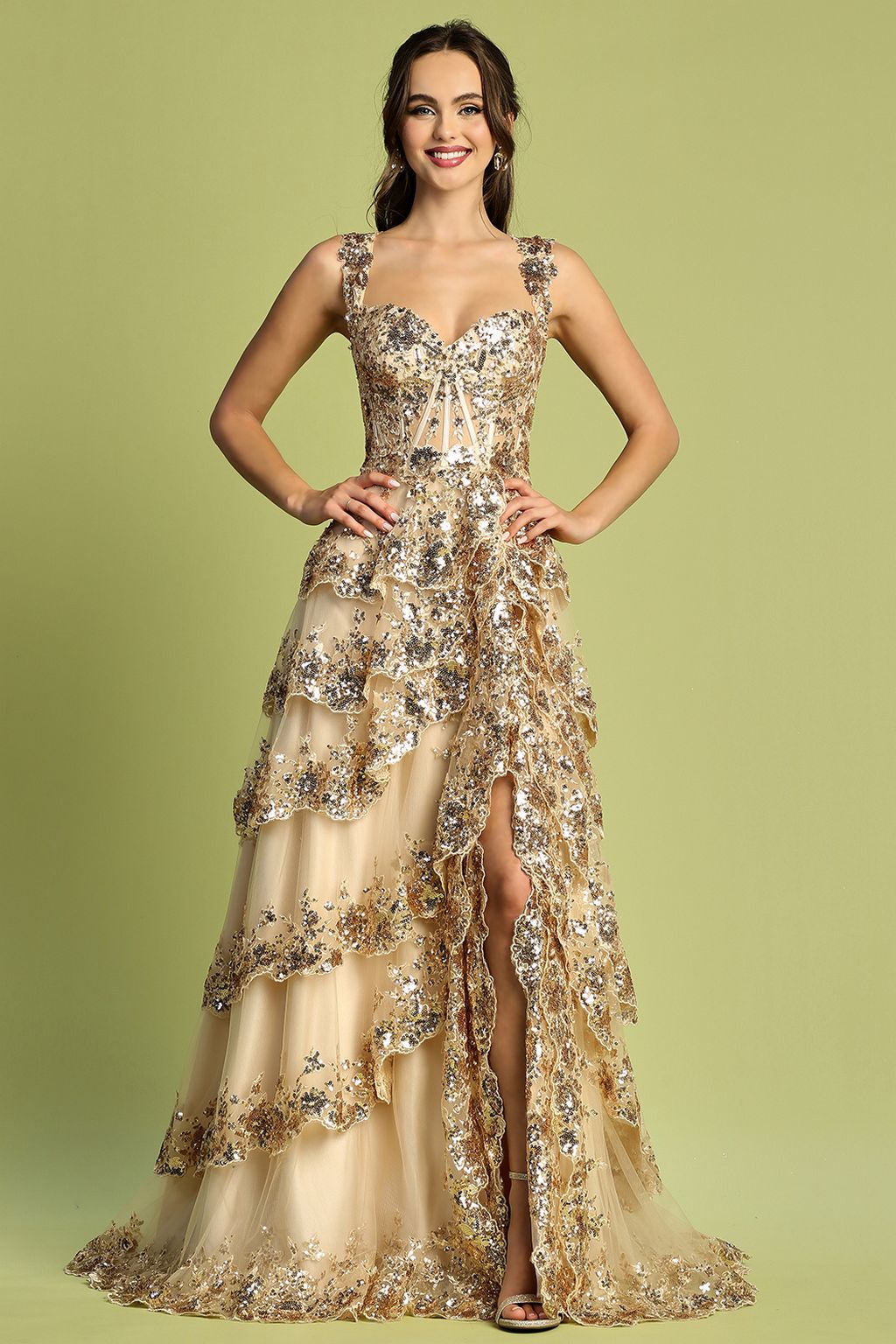 Prom Dresses Long Formal Sequin Applique Tiered A Line Prom Dress Champagne