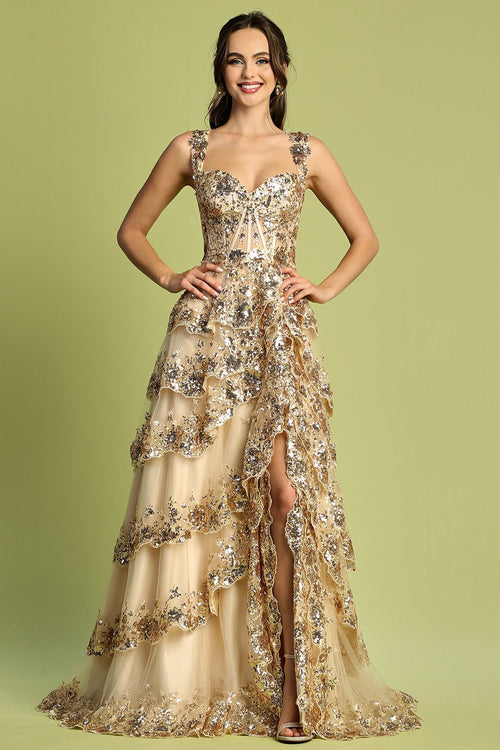 Prom Dresses Long Formal Sequin Applique Tiered A Line Prom Dress Champagne