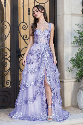 Adora Design 3174 Tiered A-Line Sequin Applique Formal Prom Gown