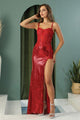 Prom Dresses Sequin Long Fitted Formal Slit Prom Dress Red