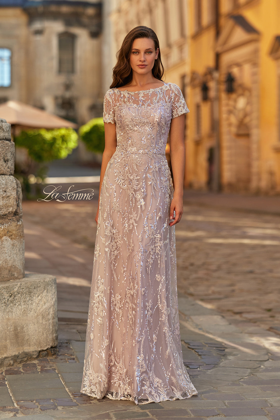 La Femme 31838 - Illusion Bateau Embroidered Formal Gown In Purple