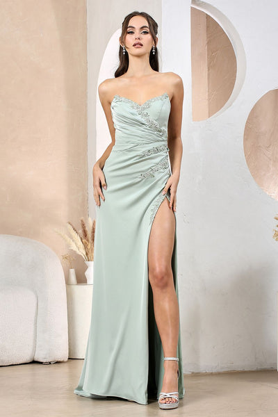 Prom Dresses Long Fitted Formal Beaded Applique Slit Prom Dress Sage