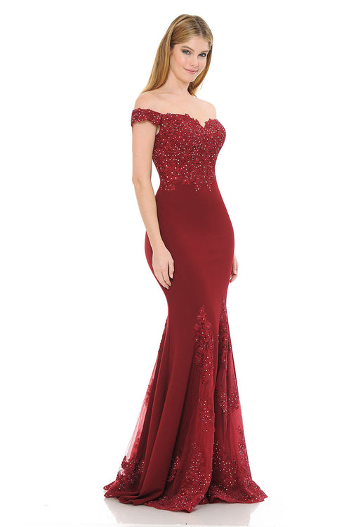 Clearance Burgundy Size M Beaded Embroidered Off-Shoulder Mesh Mermaid Formal Gown By Lenovia 8137