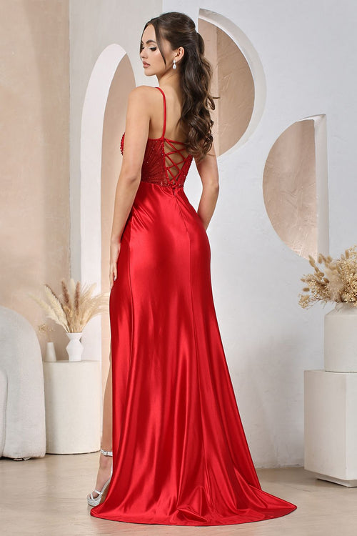 Prom Dresses Long Slit Lace Formal Prom Dress  Red
