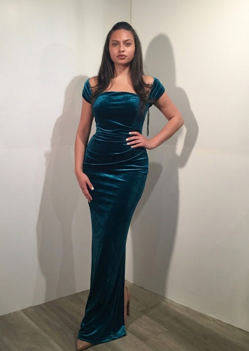 Off Shoulder Stretch Gown with Sheer Back Panel & Back Slit Formal Evening Dress by Jovani 47104