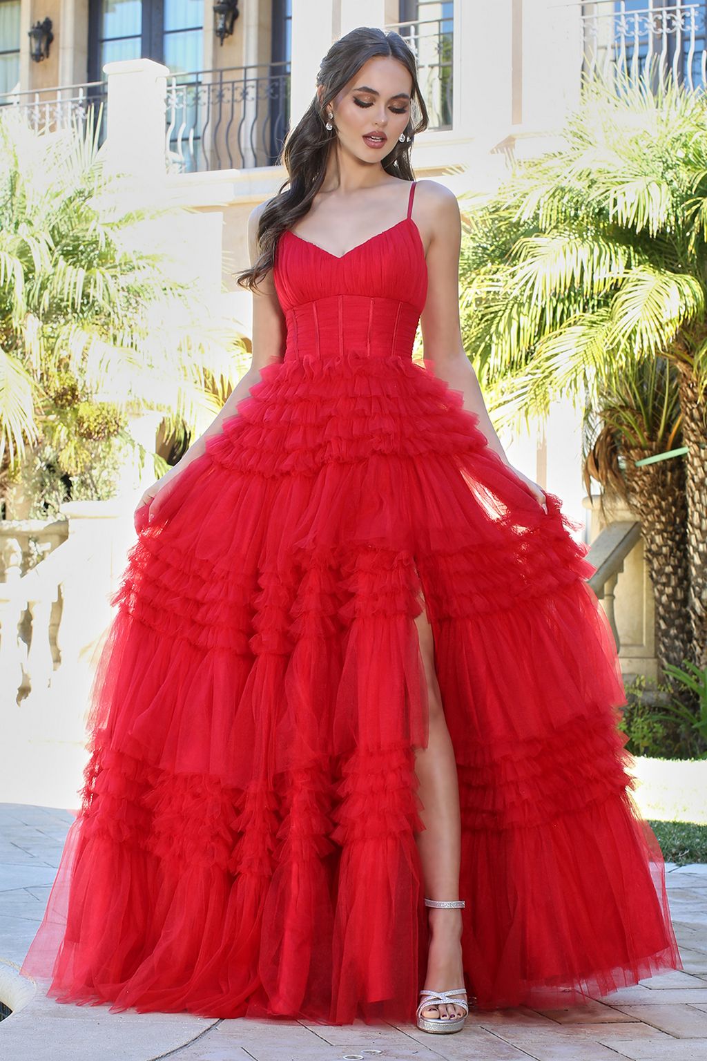 layered ruffle prom dress Nox Anabel H1351 Transitioning seamlessly from the bodice Off The Shoulder Sequins Embellished