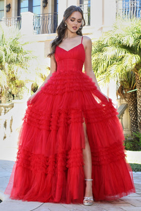Adora Design 3202 Spaghetti Strap Layered Ruffle Slit Prom Gown