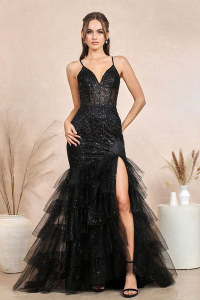 Prom Dresses Glitter Print Long Mermaid Formal Tiered Prom Dress Black