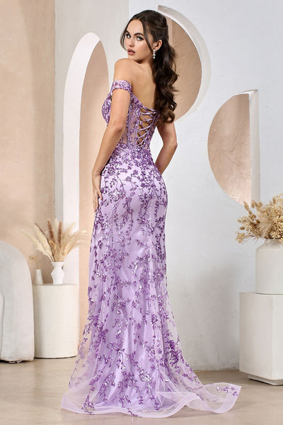 Prom Dresses Long Glitter Print Slit Formal Prom Dress Lavender