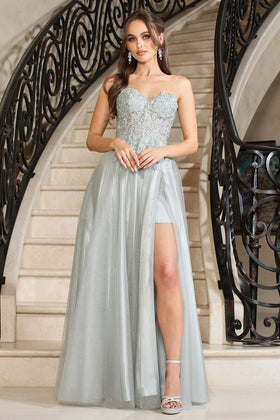 Adora Design 3211 A-Line Glitter Tulle Strapless Corset Prom Dress