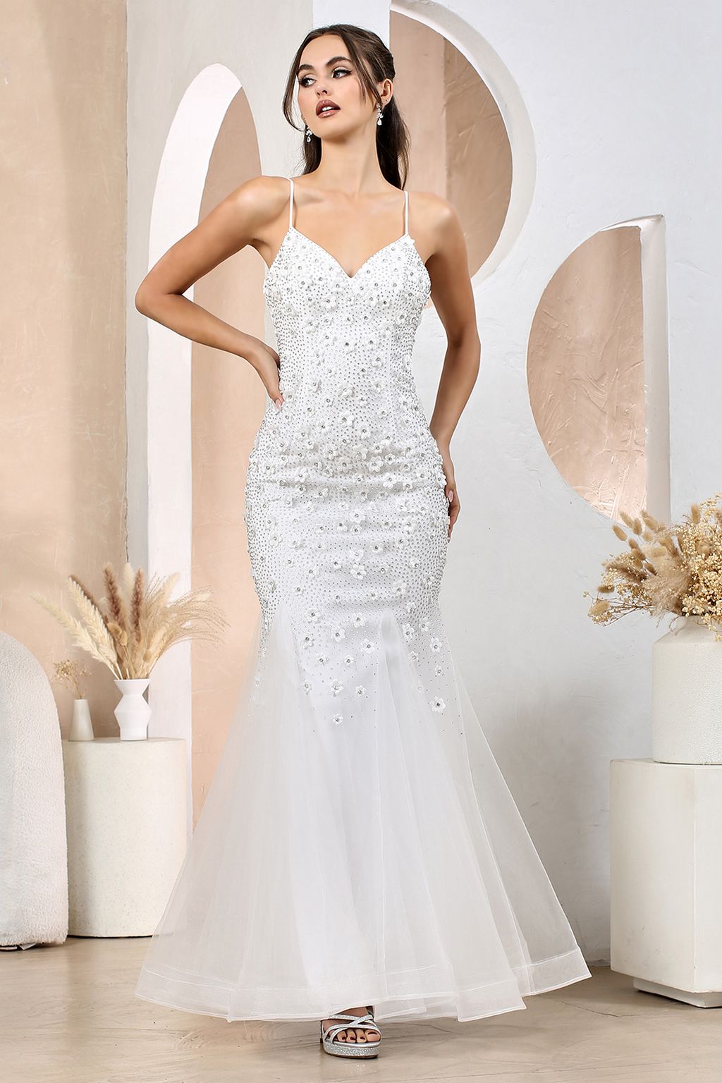 elegant beaded evening dresses Silver Beaded Long Sleeve Mesh Gown – Elegant A-Line Evening Dress with  Illusion Neckline