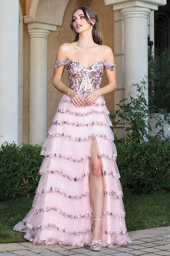Prom Dresses A Line Sequin Long Formal Prom Dress Blush