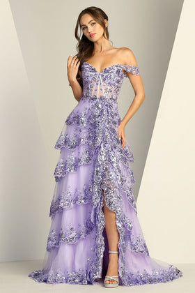 Adora Design 3214 Off Shoulder A-Line Slit Long Formal Gown