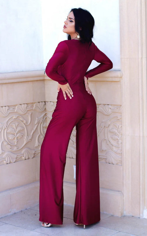 Jessica Angel JA321 Burgundy Long Sleeve Fitted Formal Evening Jersey Jumpsuit
