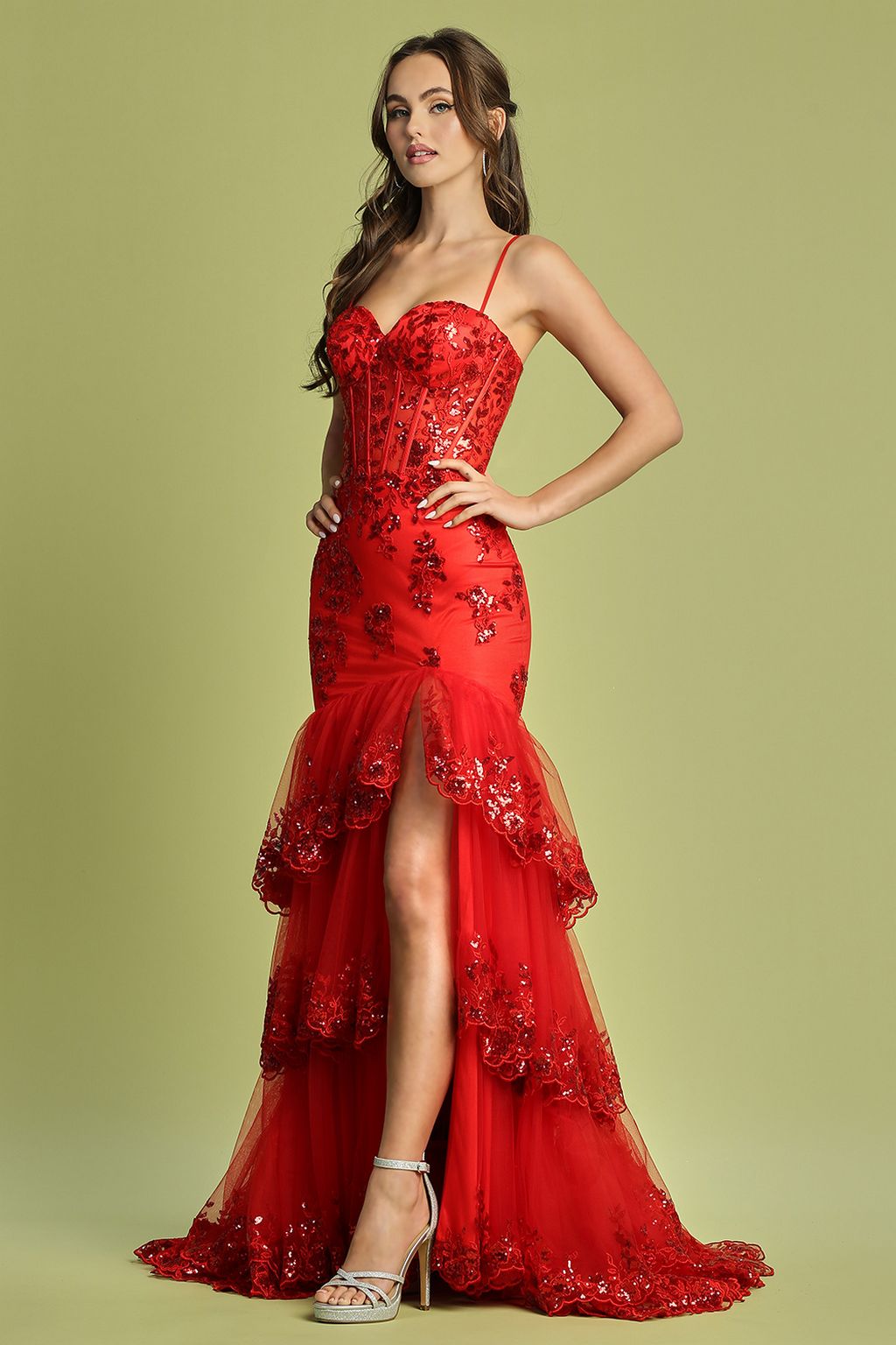 Prom Dresses Formal Long Applique Tiered Slit Prom Dress Champagne