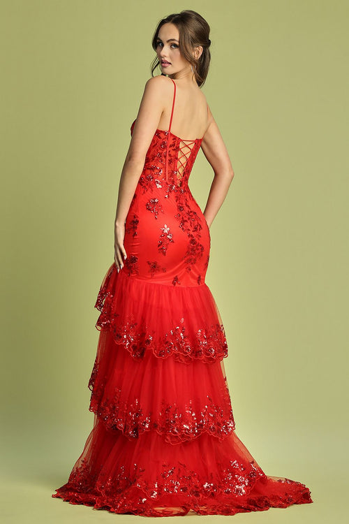 Prom Dresses Formal Long Applique Tiered Slit Prom Dress Champagne