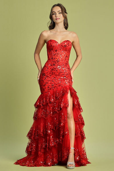 Prom Dresses Long Fitted Applique Formal Tiered Prom Dress Red