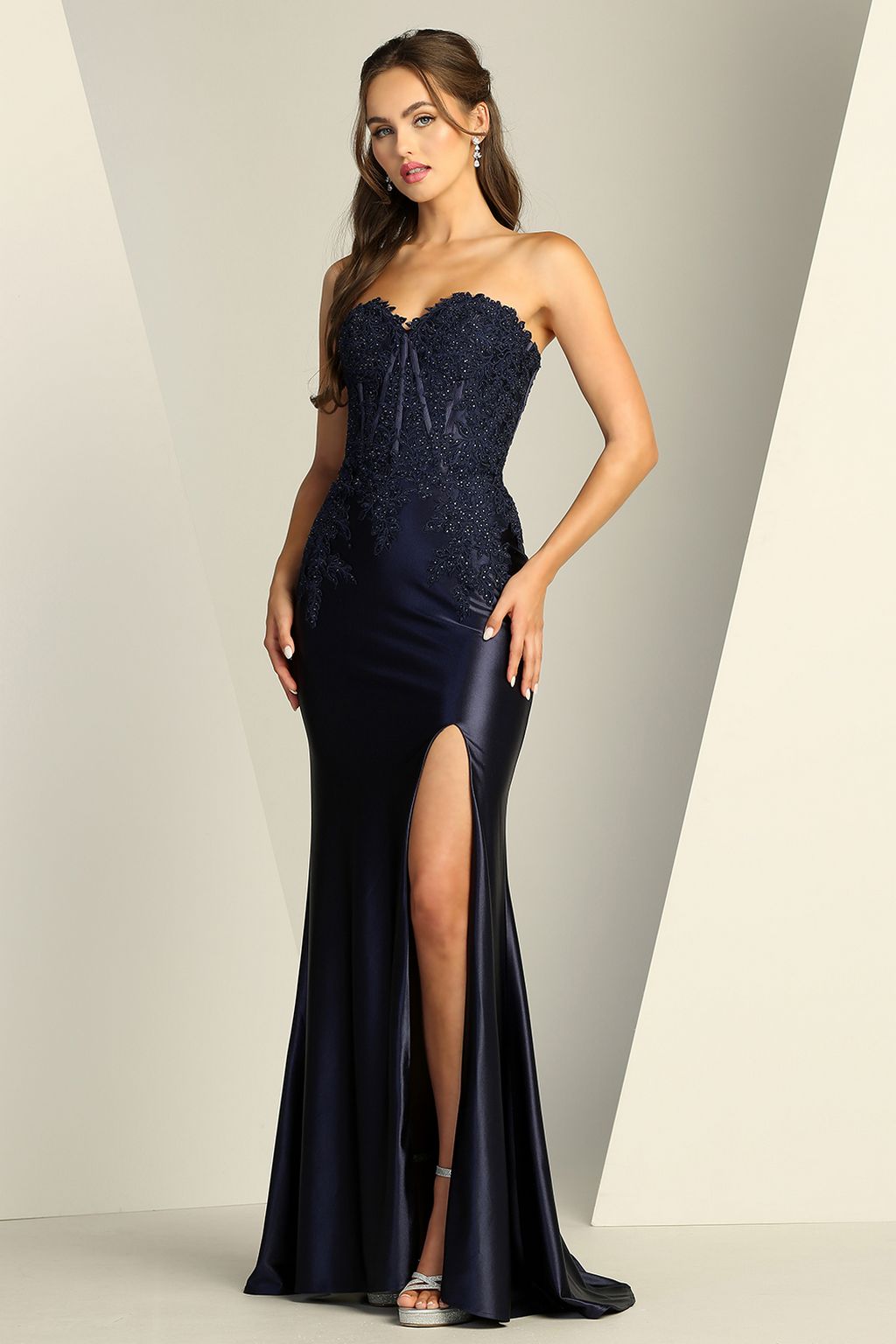 Prom Dresses Long Formal Fitted Slit Prom Dress Navy