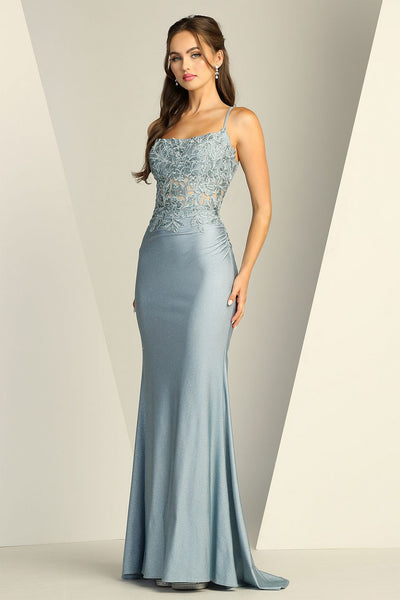 Prom Dresses Prom Long Fitted Slit Corset Lace Formal Dress Dusty Blue