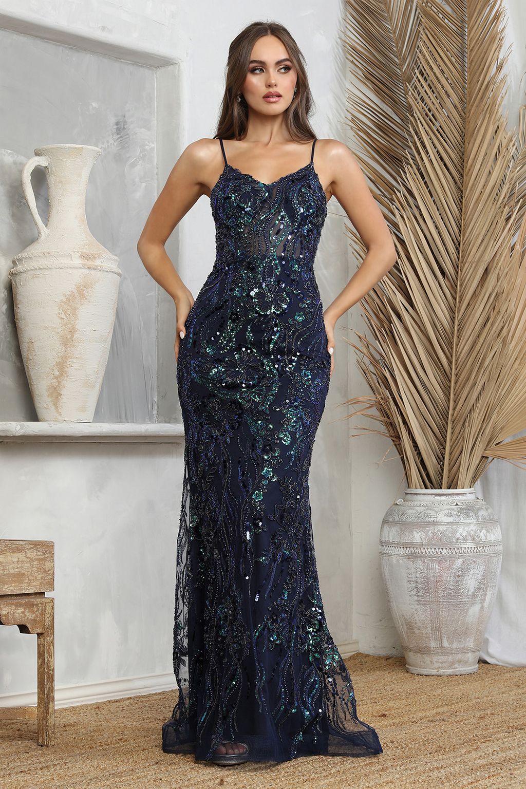 Adora Design 3225 Beaded Spaghetti Strap Fitted Formal Prom Gown