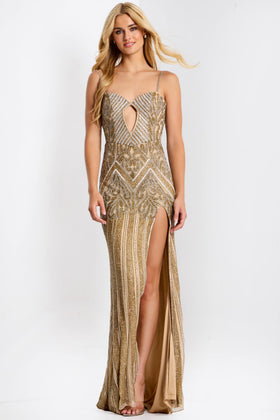 Beaded Evening Gown with Thigh High Slit Sweetheart Neckline & Open Back Dress by Jovani 49810