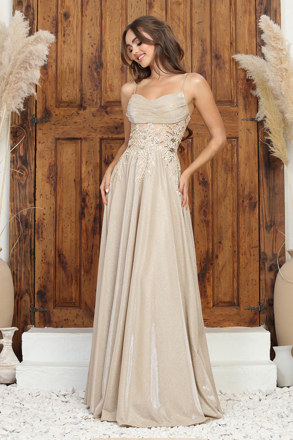 Adora Design 3232 Glitter Satin Spaghetti Strap A-Line Prom Gown