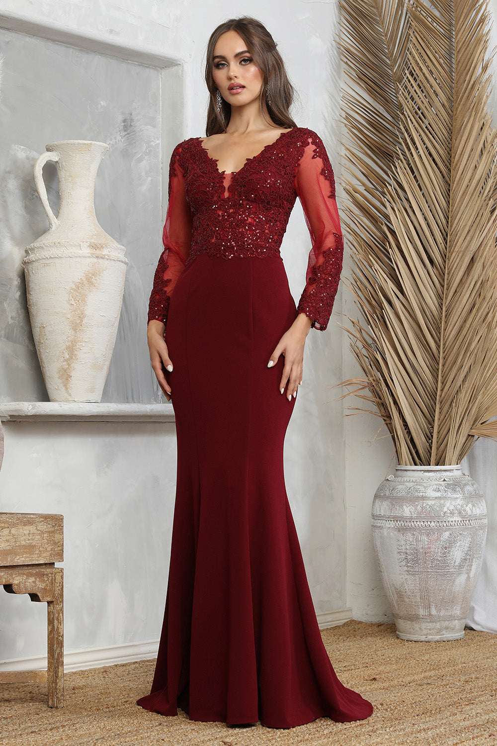 Formal Dresses Long Sleeve Formal Fitted Evening Dress Burgundy