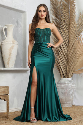 Adora Design 3235 Lace Corset Strapless Slit Long Prom Gown