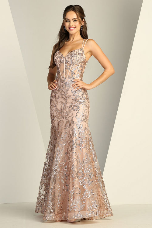 Prom Dresses Long Lace Formal Fitted Evening Prom Dress  Rose Gold