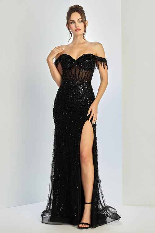 Prom Dresses Formal Long Fitted Slit Beaded Prom Dress Black