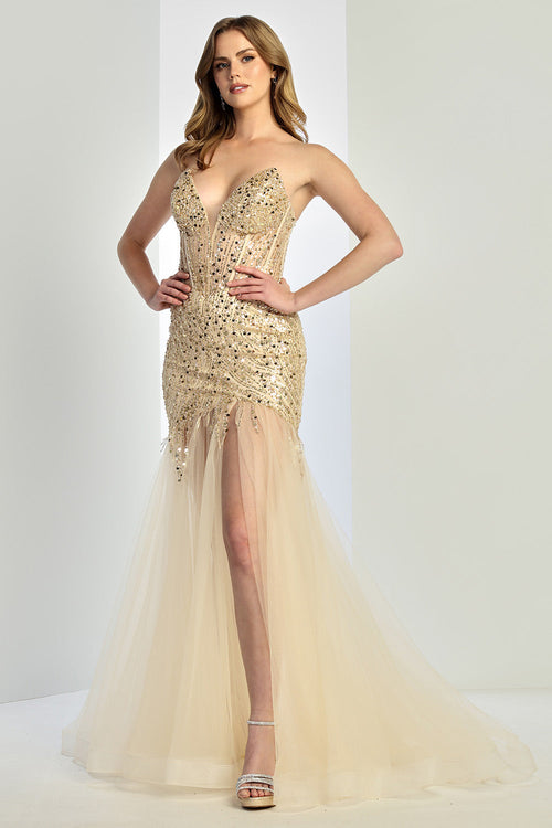 Prom Dresses Long Mermaid Formal Beaded Corset Prom Dress Champagne