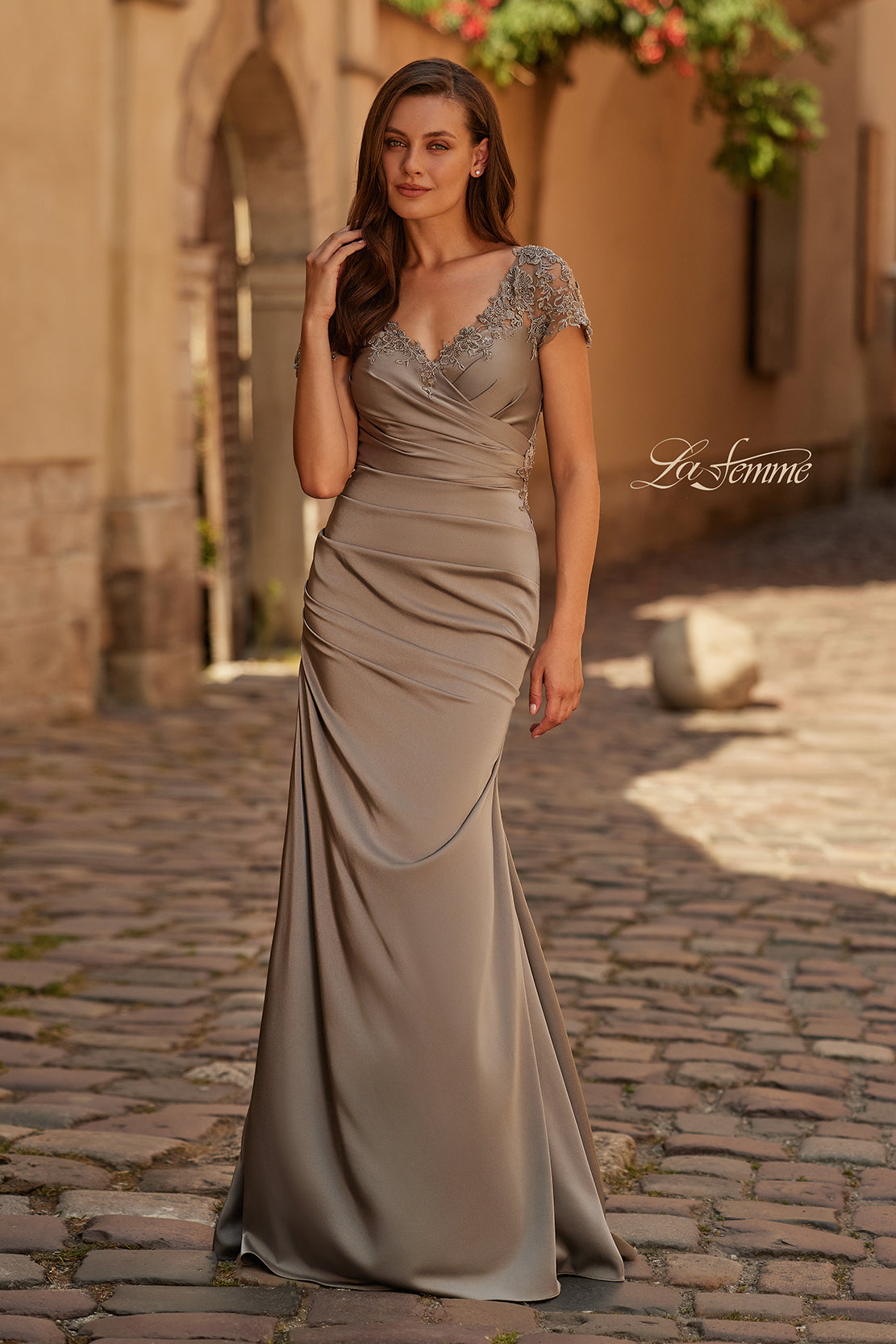 La Femme 32431 - Embroidered Ruched Gown with Cap Sleeves In Gray