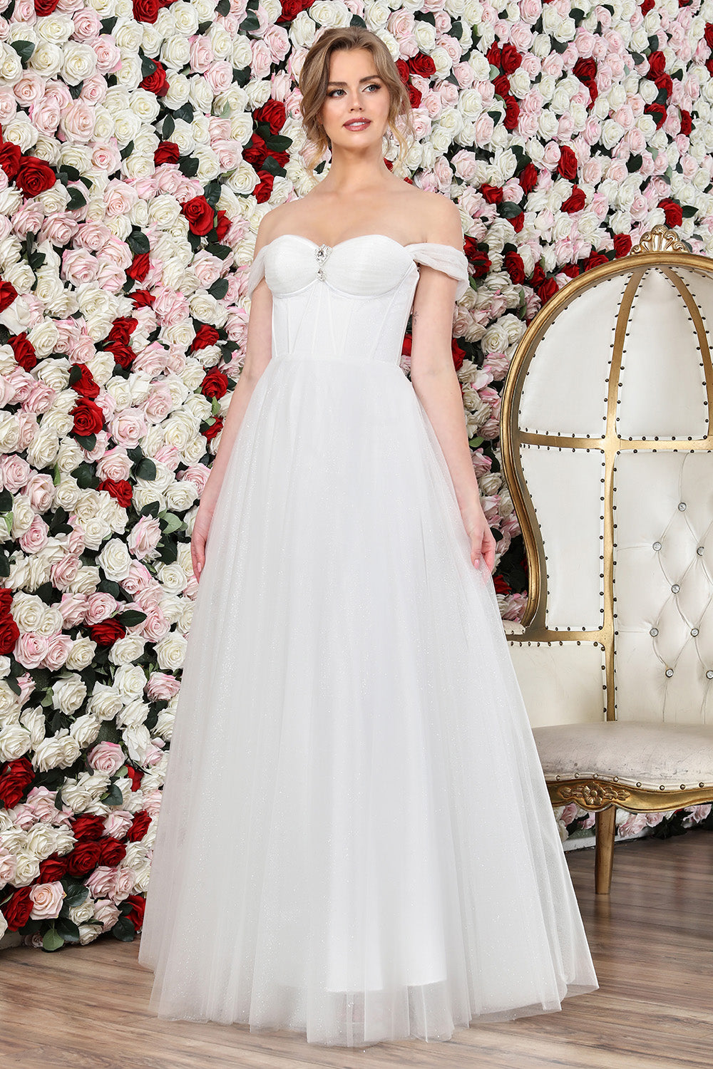 Wedding Dresses Long Bridal Gown Glitter Corset  A Line Wedding Dress Off White