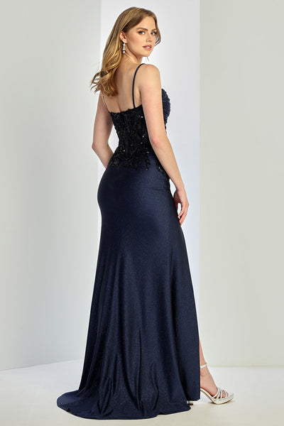 Prom Dresses Fitted Slit Long Formal Glitter Corset Prom Dress Navy