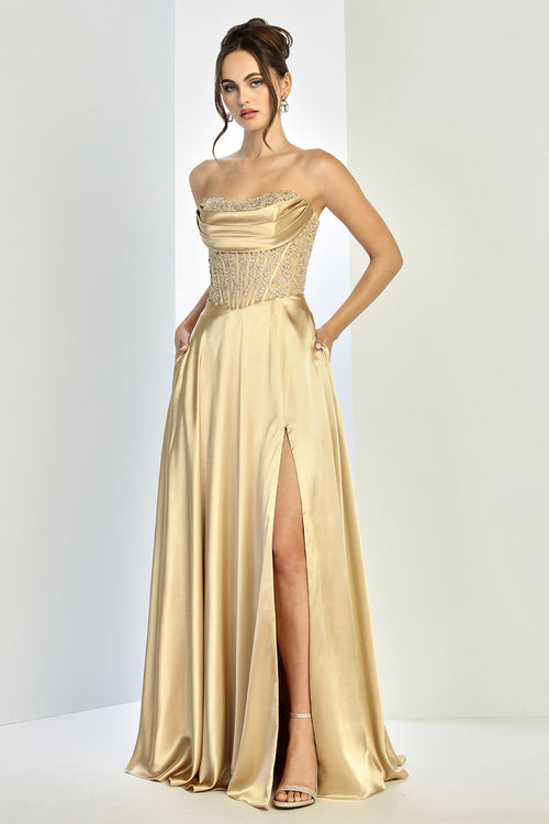 Prom Dresses Pleated A Line Long Formal Corset Pocket Pocket Dress Gold