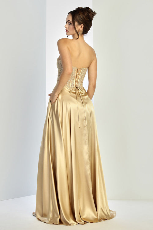 Prom Dresses Pleated A Line Long Formal Corset Pocket Pocket Dress Gold