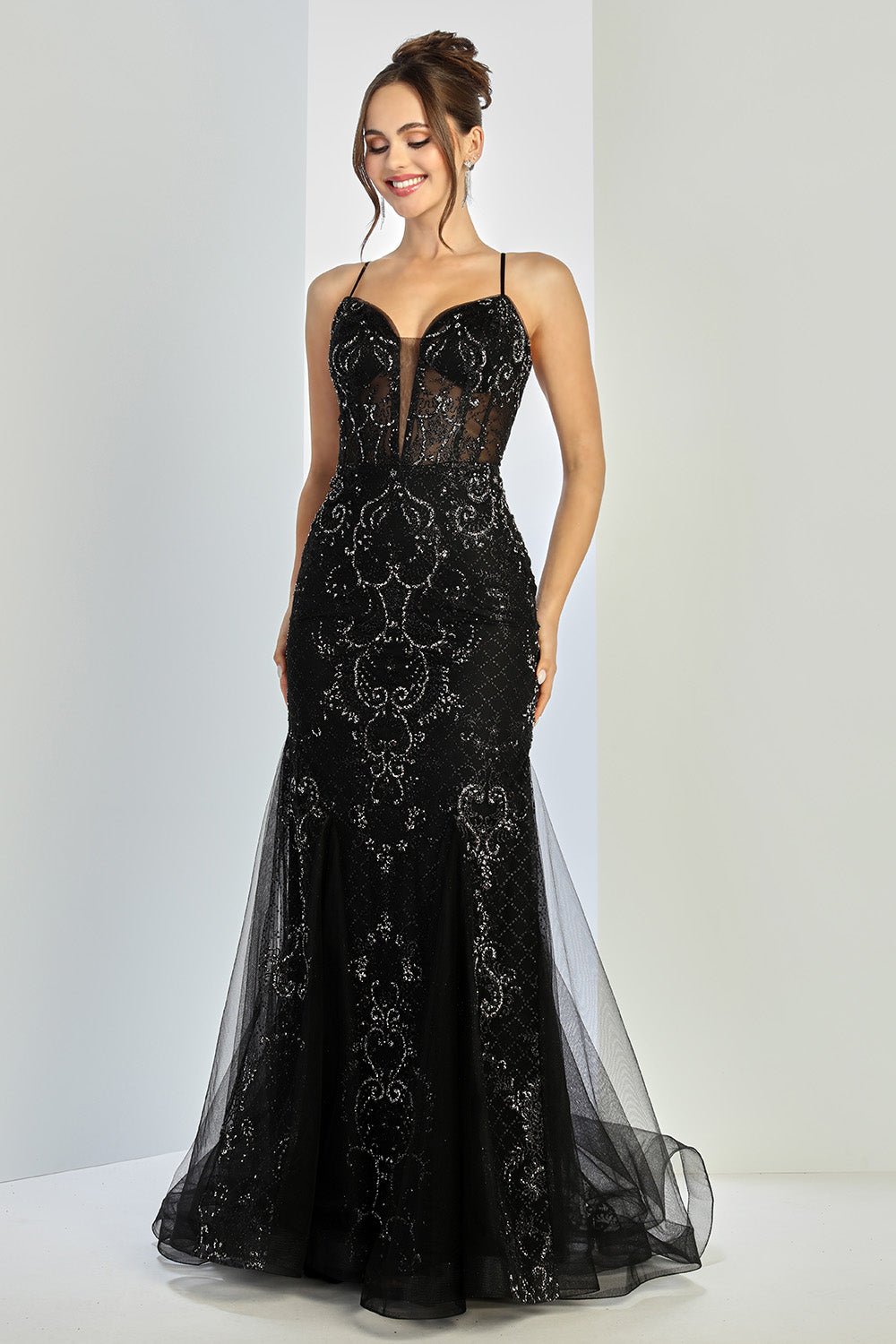 prom dresses by black designers Bedazzled Galaxy Sequin on Black Mesh Prom Dress