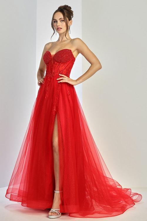 Prom Dresses Formal Long Ball Gown Beaded Corset Prom Dress Red